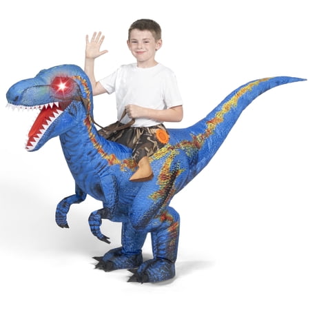 Joyfy Kids Inflatable Dinosaur Costume with LED Light Up Eyes, Blow Up Ride-On Blue Raptor Costume for Halloween Party, Cosplay and Themed Dress Up
