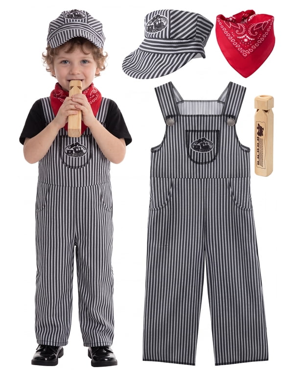 Halloween Kids Train Engineer Costume, Unisex Railroad Train Conductor Costume for Boys Toddler Halloween Party Dress up 1-7 Years