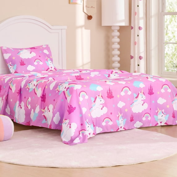 Joyfy Kids Twin Sheet Set Purple Unicorn - 3 Piece Soft Microfiber Bed Sheets - Deep Pocket Wrinkle Free, Cozy Toddler Bedding Set, Fade Resistant Breathable for Boys Girls Teens