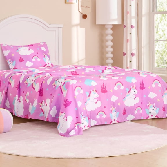 Joyfy Kids Twin Sheet Set Purple Unicorn - 3 Piece Soft Microfiber Bed Sheets - Deep Pocket Wrinkle Free, Cozy Toddler Bedding Set, Fade Resistant Breathable for Boys Girls Teens