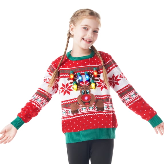 Joyfy Kids Light Up Ugly Christmas Sweater, Red and White Long Sleeve Knit Pullover with LED Reindeer for Boys and Girls Christmas Holiday Party Outfit