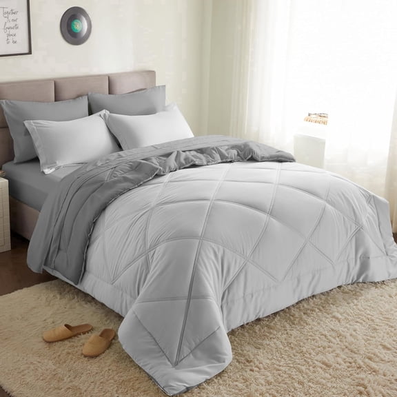 Joyfy King Size Comforter Set with Sheets Light Grey, 7 Pieces King Bedding Set with 1 Down Alternative Comforter, 1 Flat Sheet, 1 Fitted Sheet, 2 Pillowcases and 2 Pillow Shams, Bed in a Bag
