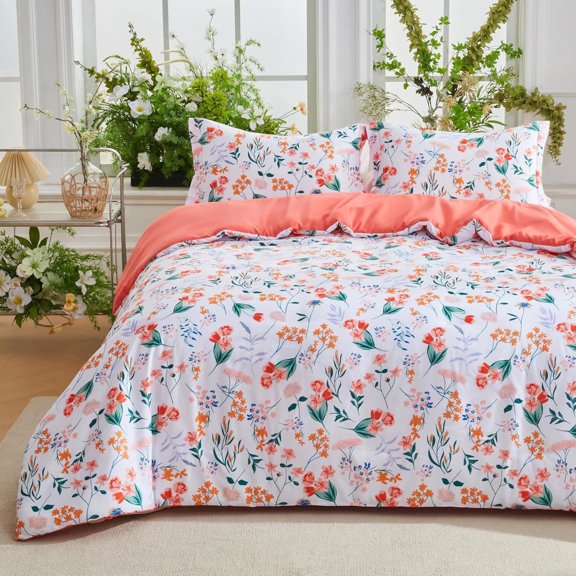 Joyfy King Size Comforter Set White, 3 Pieces Floral King Bedding Set with 1 Soft Reversible Flower Comforter and 2 Pillow Shams, Bed in a Bag for All Seasons