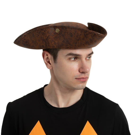Joyfy Leather Tricorn Pirate Hat for Adults, Halloween Themed Cosplay, Pirate Dress Up Costume Accessory (Brown)
