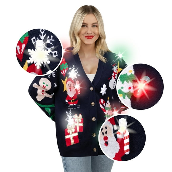 Joyfy Ugly Christmas Sweater Cardigan Women, LED Light Up Ugly Sweater, Adult Women Christmas Sweater with Light Bulbs, Cute Funny Glowing V Neck Cardigan Sweater (XL, Black)
