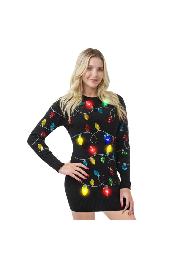 Ugly Christmas Sweater Dress Women, LED Light Up Ugly Sweater, Women Christmas Sweater with Light Bulbs, Cute Funny Black Glowing Christmas Dress for Women (M, Black)