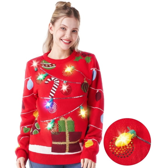 Joyfy LED Light up Christmas Sweaters for Women Couples,Funny Ugly Christmas Sweater Holiday Sweater with Light Bulbs, Pullovers 2025
