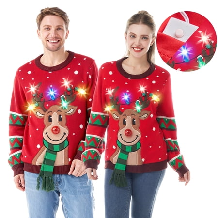 Joyfy Ugly Christmas Sweater Women, Led Light Up Ugly Sweater, Men Couples Women's Christmas Sweater with Light Bulbs, Reindeer Holiday Sweaters, Cute Funny Xmas Crewneck Knitted Pullovers 2025,XL