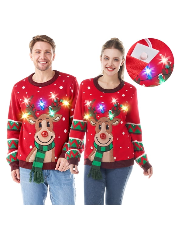 Ugly Christmas Sweater Women, Led Light Up Ugly Sweater, Men Couples Women's Christmas Sweater with Light Bulbs, Reindeer Holiday Sweaters, Cute Funny Xmas Crewneck Knitted Pullovers 2025,XL