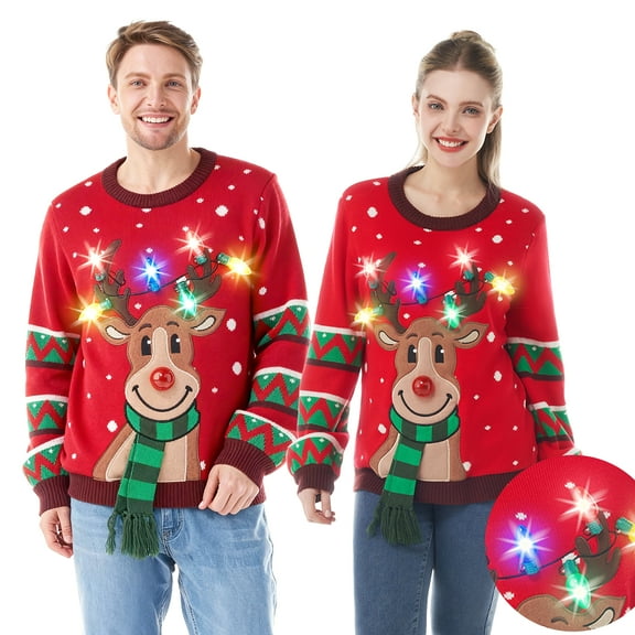 Joyfy Ugly Christmas Sweater Women, Led Light Up Ugly Sweater, Men Couples Women's Christmas Sweater with Light Bulbs, Reindeer Holiday Sweaters, Cute Funny Xmas Crewneck Knitted Pullovers 2025,L