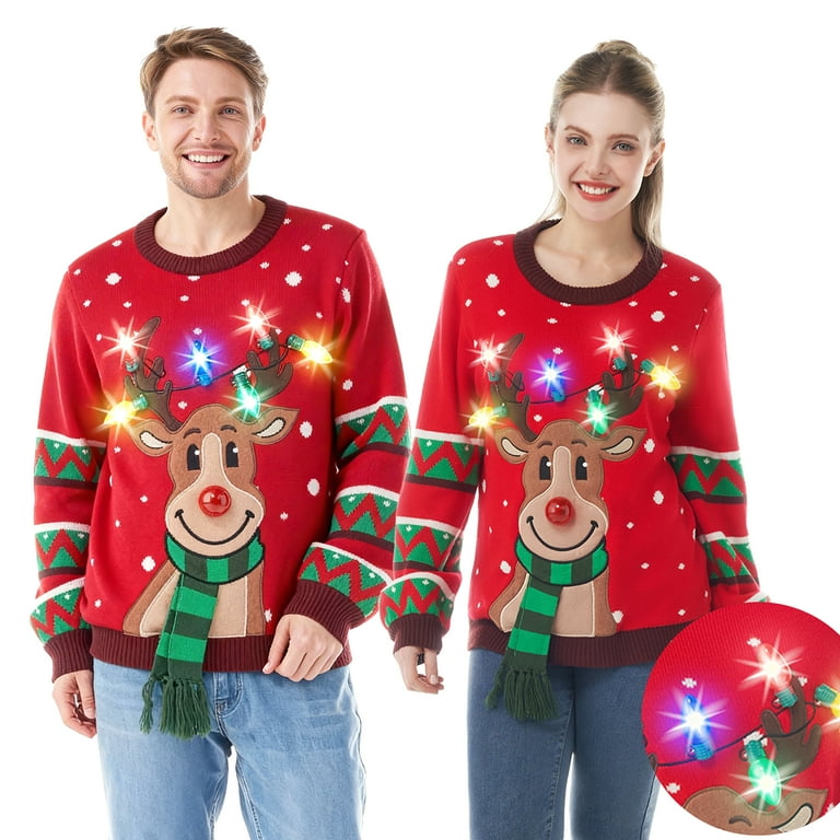 Ugly Christmas Sweater Women Men,Light Up Christmas Sweater for Couples,Funny Cute Reindeer LED Xmas Tacky Sweaters