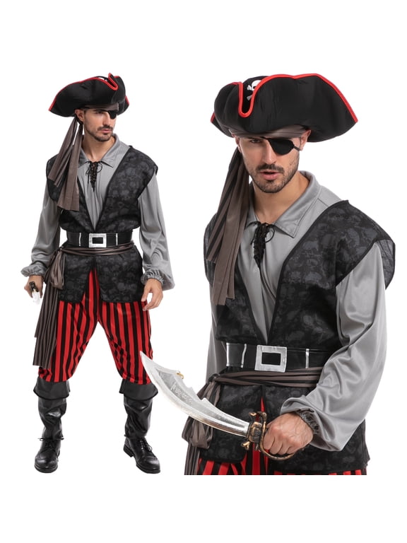 Men Pirate Costume Plundering Sea Captain Set for Adults Halloween Themed Parties