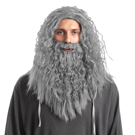 Joyfy Men's Grey Wizard Wig with Beard for Adults - Father Time Halloween Costume Accessory for Cosplay Party