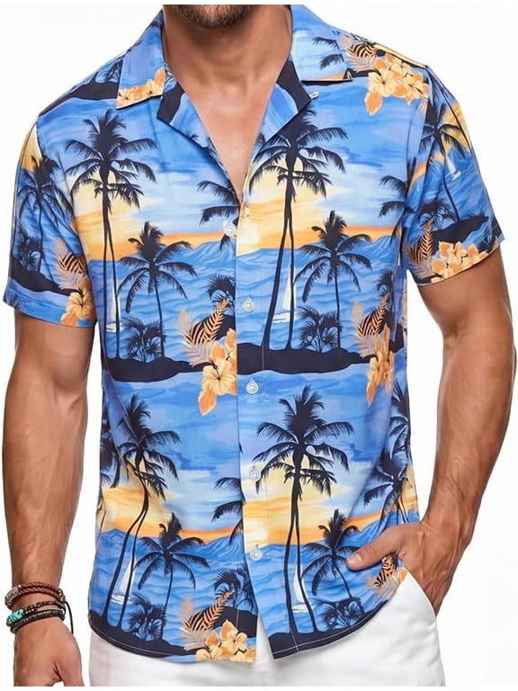 Men's Hawaiian Shirt Short Sleeve Floral Button Down Casual Summer Beach Vacation Shirts Tropical Holiday Lightweight Breathable,L