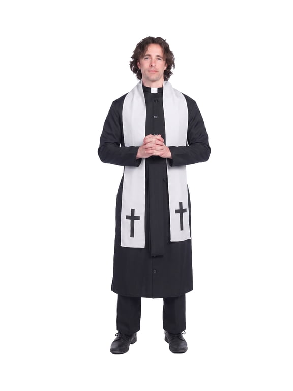 Men's Priest Costume Black Priest Father Robe Stole for Halloween Party Dress up Cosplay