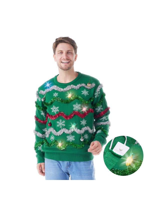 Ugly Christmas Sweater Men, LED Light Up Ugly Sweater, Adult Mens Ugly Christmas Sweater with Light Bulbs, Cute Funny Green Holiday Sweaters, Crewneck Knitted Pullovers 2025,XL