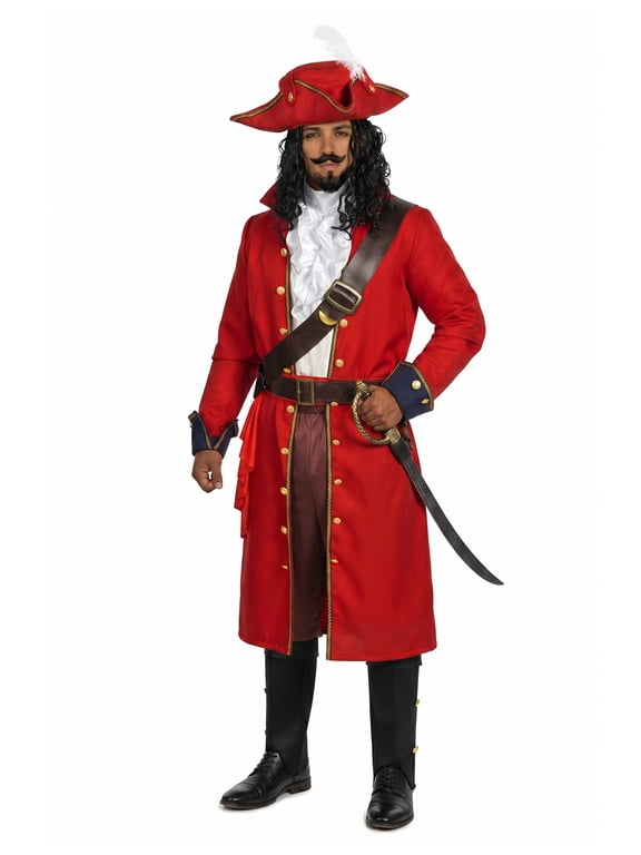 Mens Pirate Captain Costume Set, Red Deluxe Captain Outfit for Adult Halloween Fancy Dress Up Party Cosplay