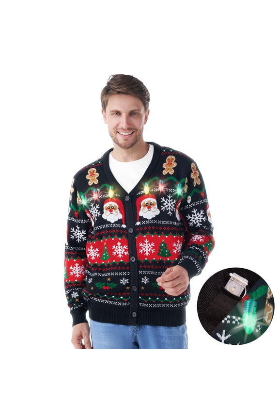 Ugly Christmas Sweater Cardigan Men, LED Light Up Ugly Sweater, Adult Mens Ugly Christmas Sweater with Light Bulbs, Cute Funny Glowing V Neck Cardigan Sweater, L