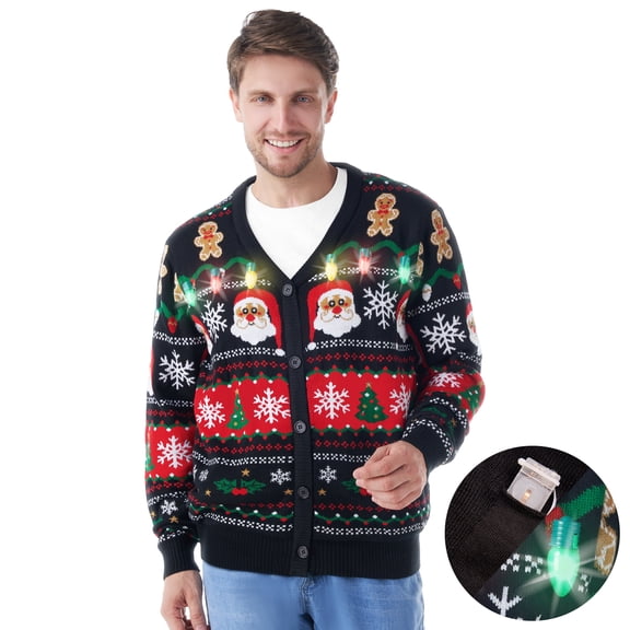 Joyfy Ugly Christmas Sweater Cardigan Men, LED Light Up Ugly Sweater, Adult Mens Ugly Christmas Sweater with Light Bulbs, Cute Funny Glowing V Neck Cardigan Sweater, L