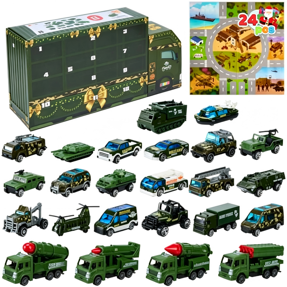 Joyfy 24 Pcs Pull‑Back Military Vehicle Toys 2026 Christmas Advent Calendar Die‑Cast Alloy Army Cars Trucks Helicopters Christmas Countdown Stocking Stuffer Gifts for Boys Kids Age 3+