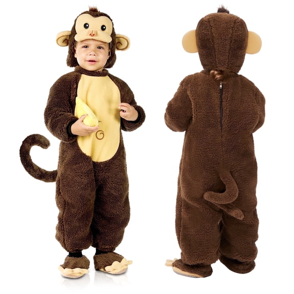 Joyfy Monkey Costume for Toddler Kids with Toy Banana, Little Monkey Hooded Jumpsuit Costume for Halloween Animal Themed Party Fancy Dress Cosplay