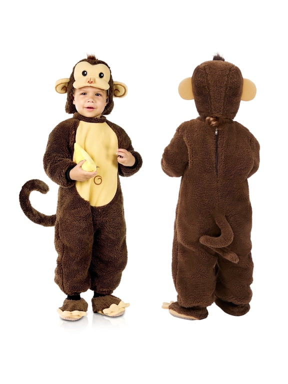 Monkey Costume for Toddler Kids with Toy Banana, Little Monkey Hooded Jumpsuit Costume for Halloween Animal Themed Party Fancy Dress Cosplay