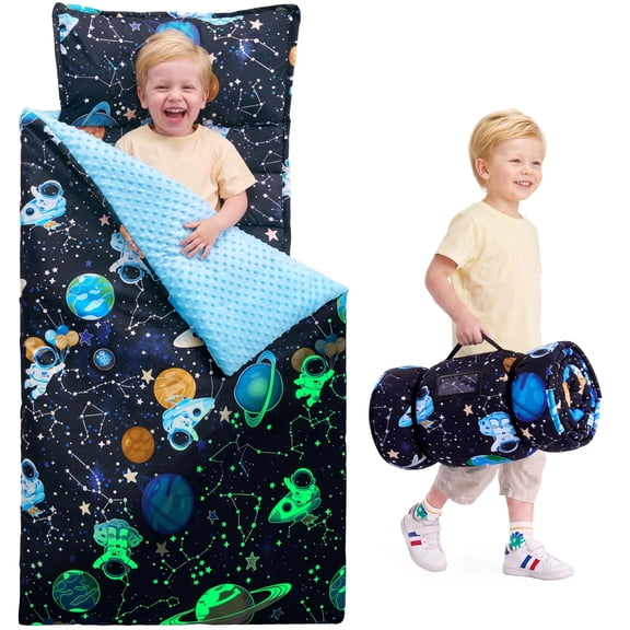 Joyfy Nap Mat 55" x 35" with Removable Pillow and Minky Blanket, Glow in The Dark Planet Kids Sleeping Bag, Soft Nap Mats Roll Up for Toddler Ages 3-6 - Boys Girls Kindergarten Daycare Sleepover