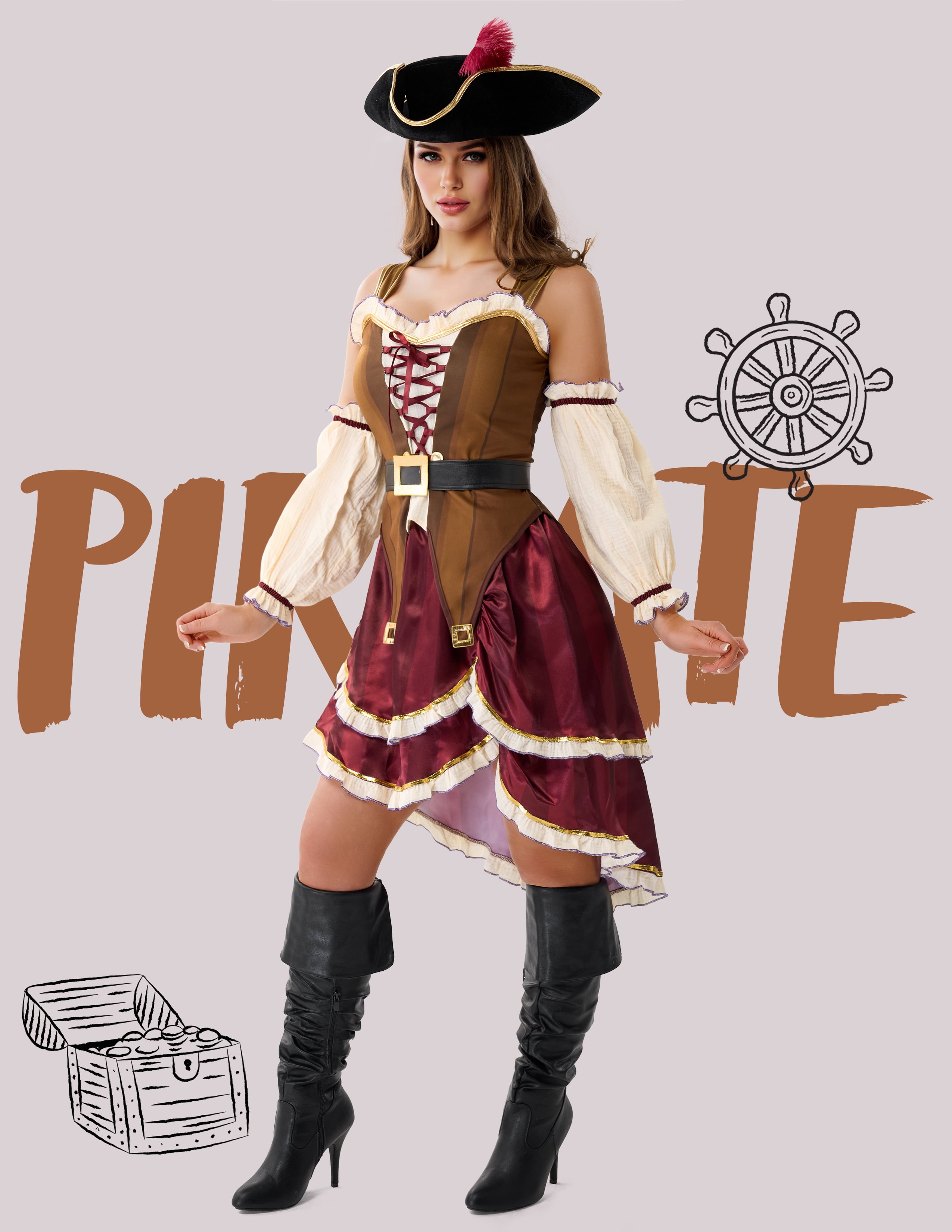 ladies pirate outfit fancy dress Joyfy Costume for Women Halloween Adult Pirate with Pirate Hat for Halloween Costume Party Fancy-Dress Costume Nude/Silver/Gold