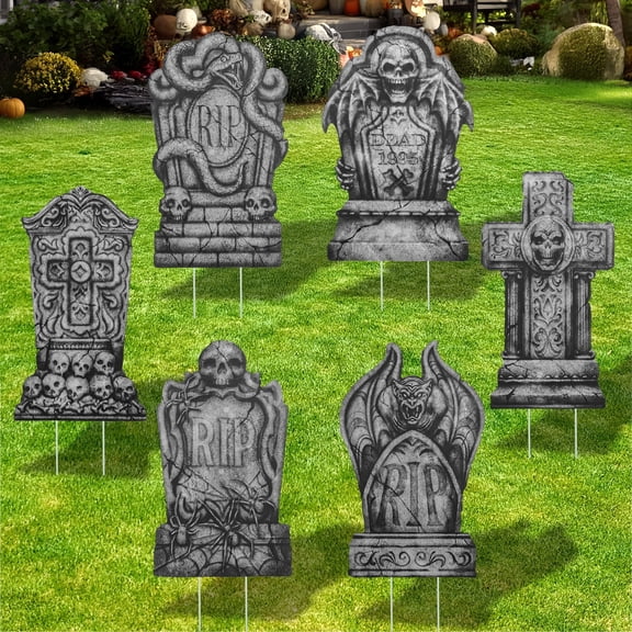 Joyfy 6 Pcs 15.7 inch Halloween Decorations Outdoor Tombstones, Plastic Graveyard Gravestones Halloween Decor with 12 Metal Stakes for Yard Lawn Garden Prop, Party Decor Supplies