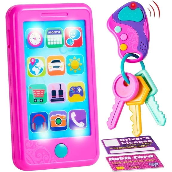 Joyfy Pretend Play Smart Phone, Keyfob Key Baby Phone Toy & Credit Cards Set, Kids Toddler Cellphone Learning Toys for 1-5 Year Old, Christmas Birthday Gift