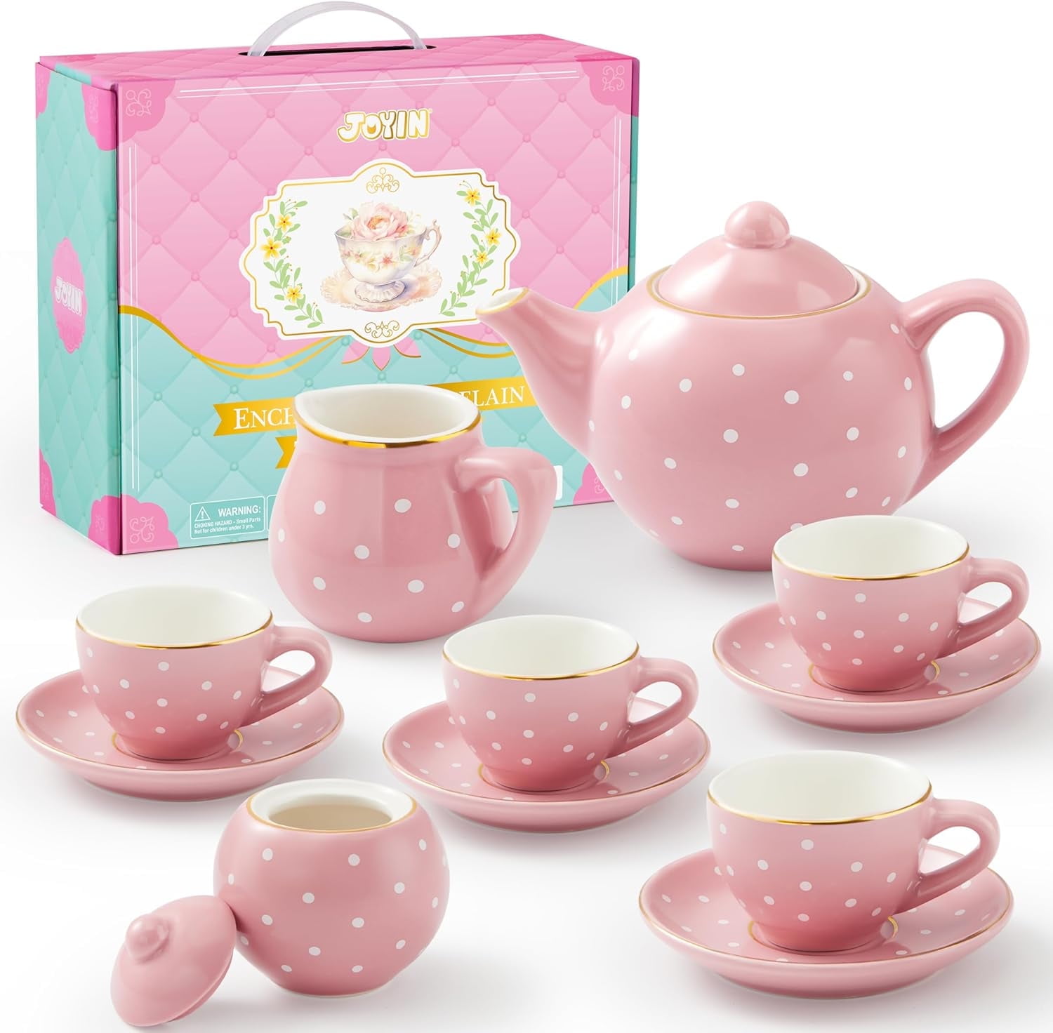 Joyfy Porcelain Tea Set for Girls, 13 PCS Pink Childs Tea Party Set, Pretend Play Toys with Teapot, Cups, Saucers \u0026 Carrying Case, Ideal for Toddlers Kids Christmas Birthday Gifts Ages 3 4 5