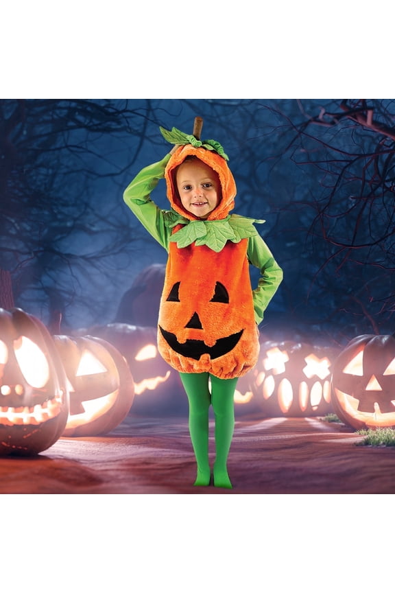 Halloween Pumpkin Costume for Toddler, Pumpkin Costume with Plush Green Leaves, Halloween Party Dress up Costume 3-4 Yrs