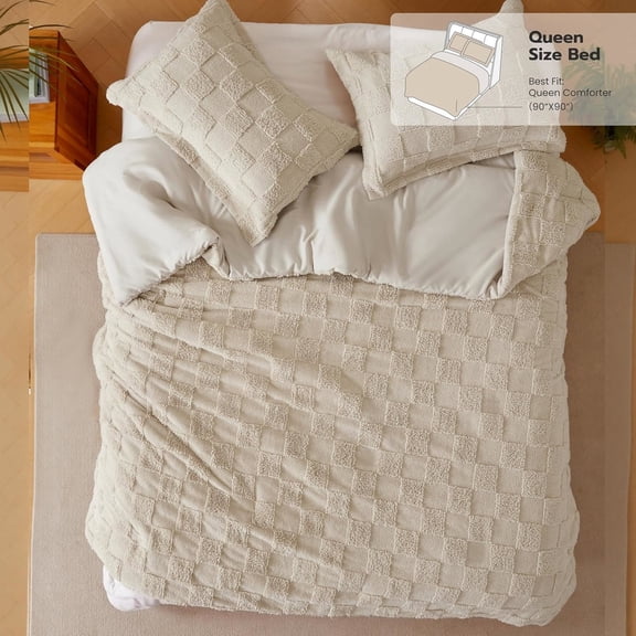 Joyfy Queen Size Comforter Set 3-Piece, Tufted Boho Plaid Geometric Design with 2 Pillow Shams, Beige Checkered All Seasons Bed in a Bag