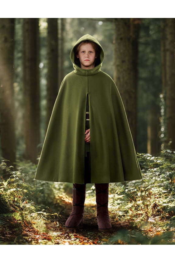 Renaissance Costumes for Kids Boys Knight Costume Green Cloak Tunic Hooded Robe Halloween Medieval Wizard Witch Cape for Halloween Party Cosplay
