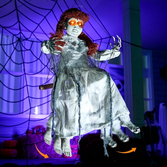 Joyfy Hanging Swinging Ghost Girl Animatronic Halloween Decor, Spooky White Doll with Light Up Eyes & Creepy Activated Sounds,Outdoor Scary Prop for Yard Haunted House
