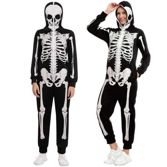 Joyfy Skeleton Bodysuit Set Adult Women's Halloween Costume, Halloween Theme Party, Black, Suitable for Halloween Dress Up Party