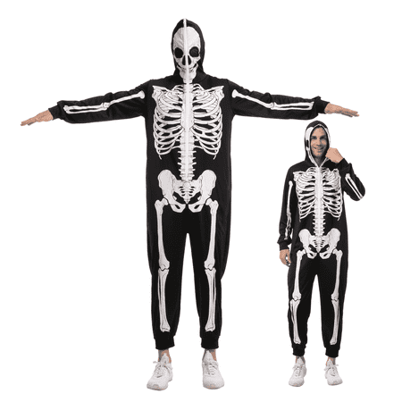Joyfy Adult Men's Skeleton Costume, Halloween Plush Skeleton Pajamas Zipper Costume for Halloween Theme Party