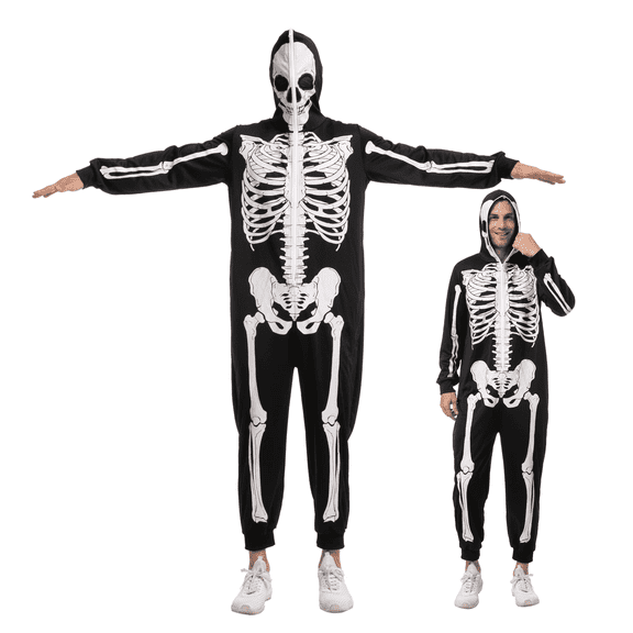 Joyfy Halloween Adult Men's Skeleton Costume, Plush Skeleton Pajamas Zipper Onesie Costume for Halloween Theme Party