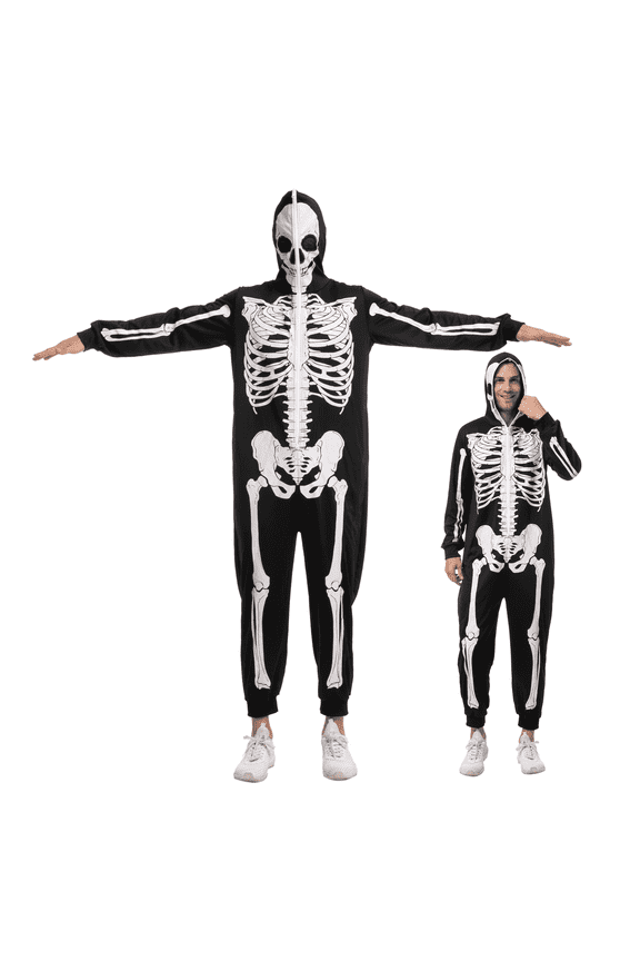 Halloween Adult Men's Skeleton Costume, Plush Skeleton Pajamas Zipper Onesie Costume for Halloween Theme Party