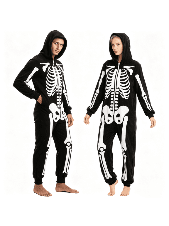 Skeleton Costume for Adult Unisex Zip-Up Hooded Jumpsuit Pajama for Halloween Party Cosplay and Themed Events