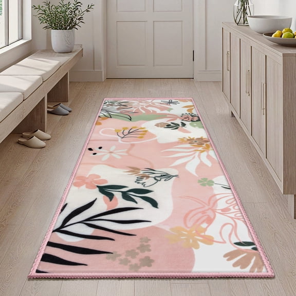 Joyfy Soft Floral Washable Runner Rug 2'x6' Non-Slip Kitchen Carpet with Rubber Backing for Entryway, Laundry, Bedroom, Indoor Use (Pink)