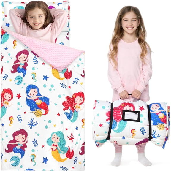 Joyfy Soft Kids Sleeping Bag 55''x30'' Nap Mat with Removable Pillow and Minky Blanket, Roll Up for Toddler Ages 3-7 - Boys Girls Kindergarten Daycare Sleepover