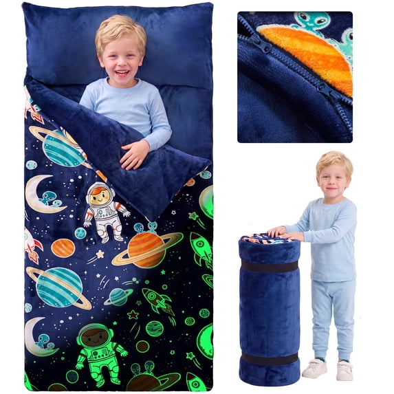 Joyfy Toddler Sleeping Bag for Kids 66" x 33" Glow in The Dark Kids Sleeping Bag with Pillow for Boys and Girls Ages 3+ Soft Flannel Toddler Nap Mat for Preschool Daycare Sleepover- Blue Space