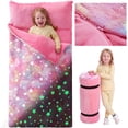 thumbnail image 1 of Joyfy Toddler Sleeping Bag for Kids 66" x 33" Glow in The Dark Kids Sleeping Bag with Pillow for Boys and Girls Ages 3+ Soft Flannel Toddler Nap Mat for Preschool Daycare Sleepover- Pink Star, 1 of 5