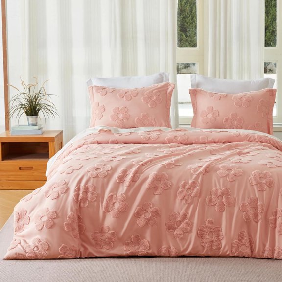Joyfy Tufted Full Size Comforter Set, 3 Pieces Pink Boho Full Bedding Set with 1 Boho Flower Comforter and 2 Pillow Shams, Bed in a Bag for All Seasons