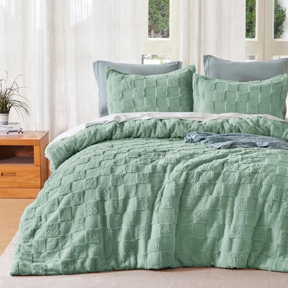 Joyfy Tufted Full Size Comforter Set, 3 Pieces Sage Green Boho Full Bedding Set with 1 Plaid Geometric Comforter and 2 Pillow Shams, Checkered Bed in a Bag for All Seasons