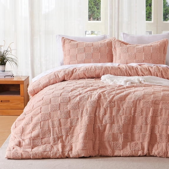 Joyfy Tufted King Size Comforter Set, 3 Pieces Coral Pink Boho King Bedding Set with 1 Plaid Geometric Comforter and 2 Pillow Shams, Checkered Bed in a Bag for All Seasons