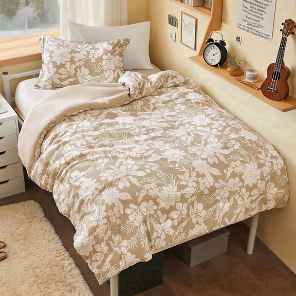 Joyfy Twin Comforter Set Beige, 2 Pieces Floral Twin Bedding Set with 1 Soft Reversible Botanical Flower Comforter and 1 Pillow Sham, Bed in a Bag for All Seasons
