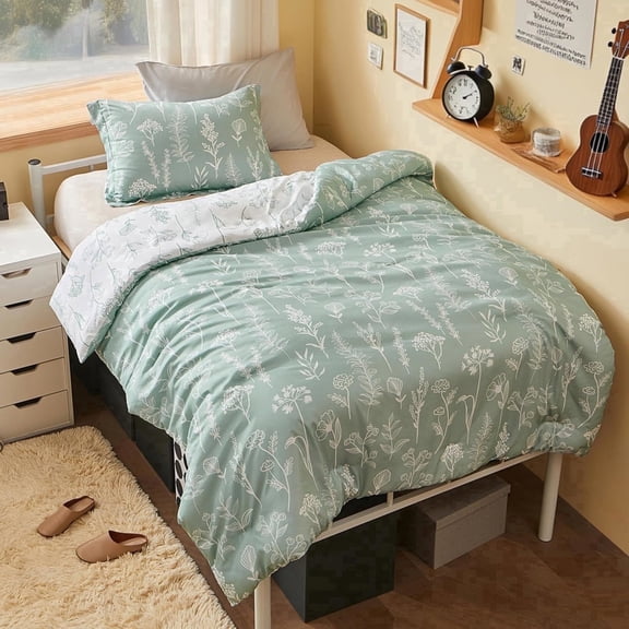 Joyfy Twin Comforter Set, Sage Green 2 Pieces Floral Twin Bedding Set for School Girls Bed with 1 Soft Reversible Botanical Comforter and 1 Pillow Sham, Bed in a Bag for All