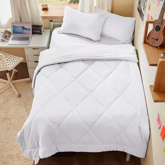 Joyfy Twin Comforter Set with Sheets White, 5 Pieces Twin Bedding Sets with 1 Down Alternative Comforter, 1 Flat Sheet, 1 Fitted Sheet, 1 Pillowcase and 1 Pillow Sham, Bed in a Bag for All Seasons